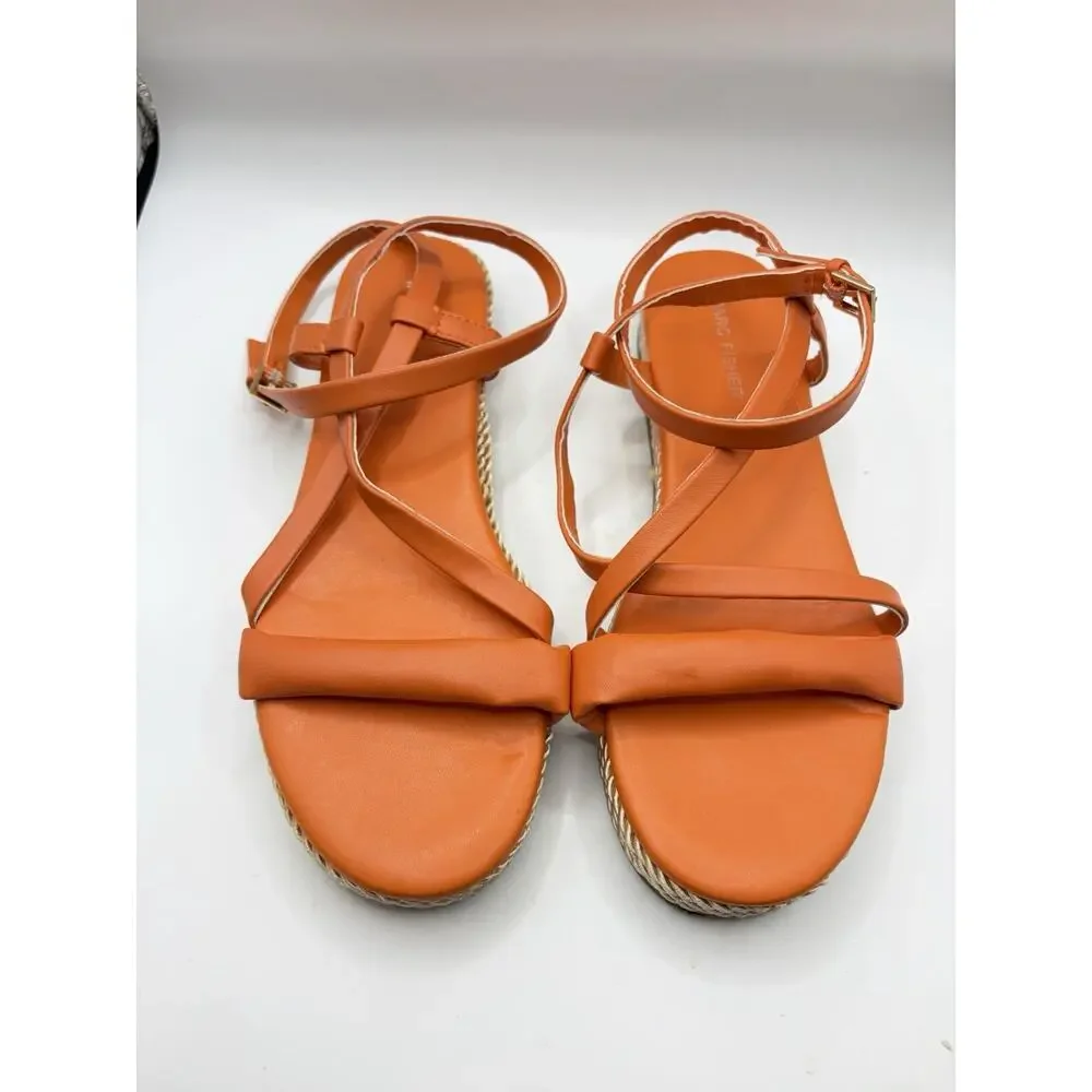 Marc Fisher Natelea Sandals Womens 8 Orange Espadrille Flat Ankle Strap